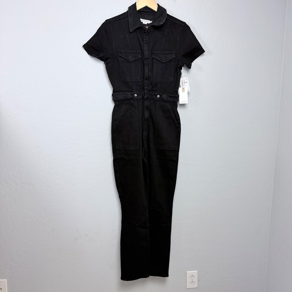NEW Good American Black Short Sleeve Stretch Denim Jumpsuit Size M